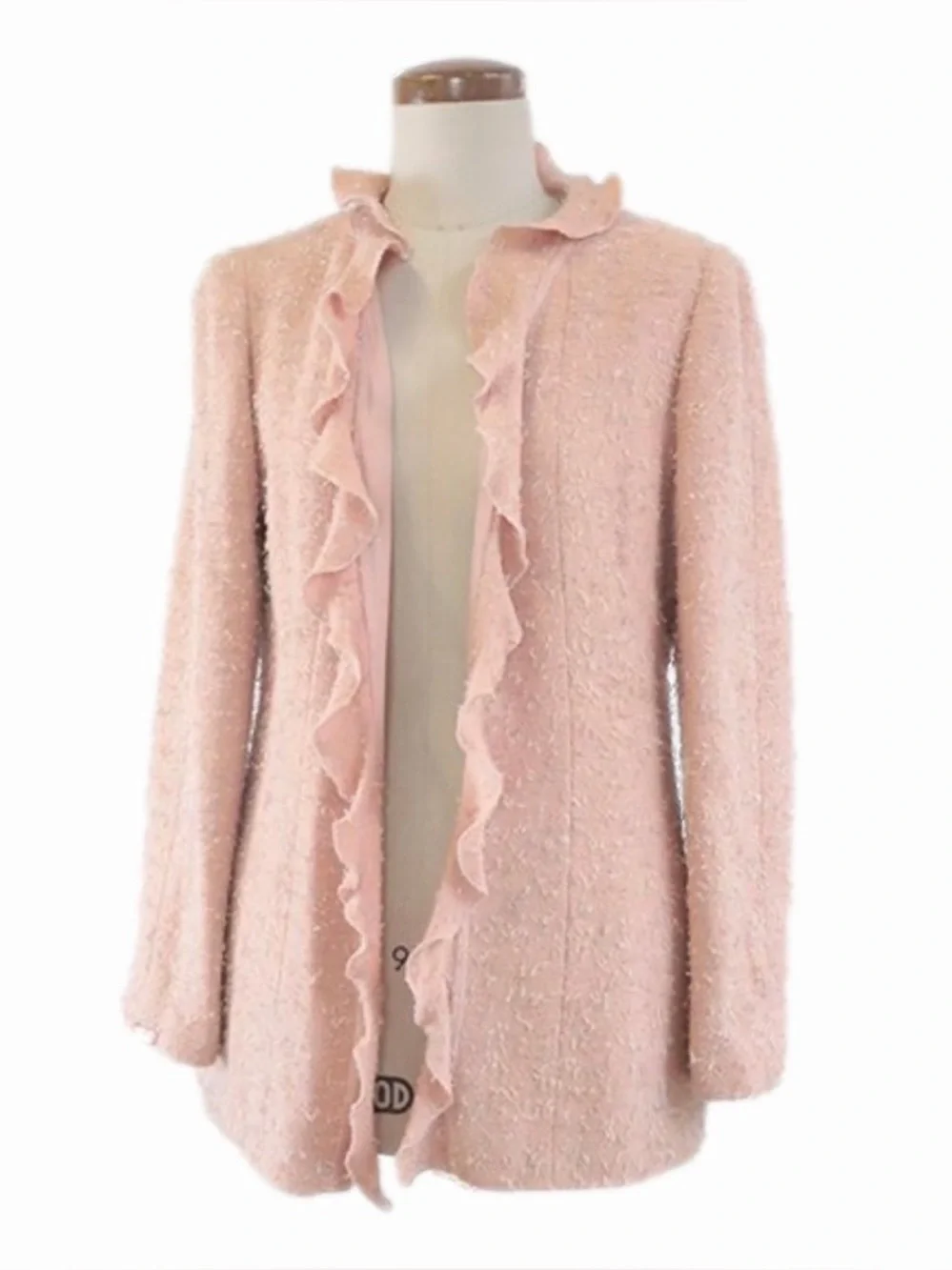 Chanel Vintage 1999 Pink Rosa Tweed Giacca Gonna Ruffle Jacket